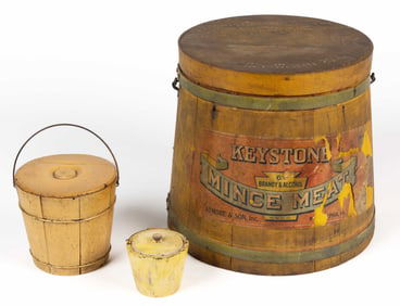 COUNTRY PAINTED TREEN FIRKINS / SUGAR BUCKETS, LOT OF THREE