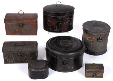 AMERICAN FOLK-ART PAINT-DECORATED TOLEWARE BOXES, LOT OF SEVEN
