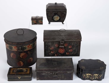 AMERICAN FOLK-ART PAINT-DECORATED TOLEWARE BOXES, LOT OF SEVEN