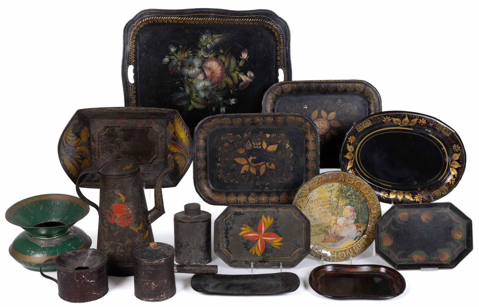 AMERICAN FOLK-ART PAINT-DECORATED TOLEWARE ARTICLES, LOT OF 15 (1 of 3)