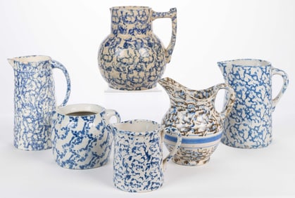 AMERICAN BLUE AND WHITE BRISTOL-GLAZED SPONGEWARE STONEWARE JUGS / PITCHERS, LOT OF SIX