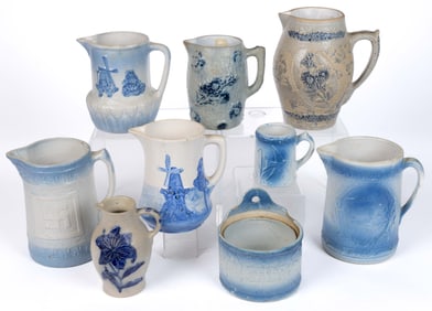 AMERICAN BLUE AND WHITE STONEWARE KITCHEN ARTICLES, LOT OF NINE