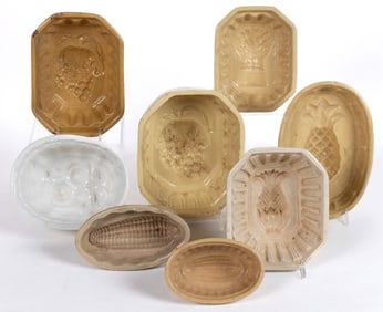 ASSORTED CERAMIC FRUIT AND OTHER PLANT MOTIF FOOD / JELLY MOLDS, LOT OF EIGHT