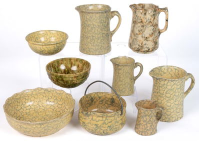 AMERICAN SPONGE-DECORATED STONEWARE KITCHEN ARTICLES, LOT OF NINE