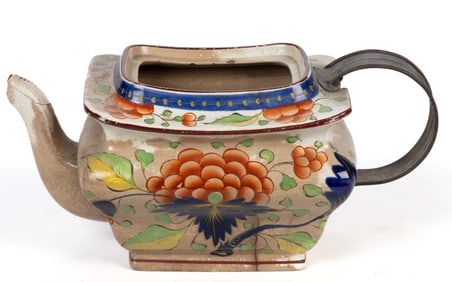 ENGLISH PEARLWARE GAUDY DUTCH CERAMIC TEAPOT WITH "MAKE-DO"