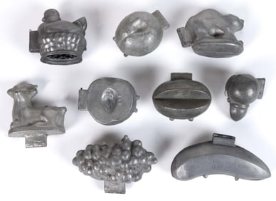 ASSORTED PEWTER FIGURAL FOOD MOLDS, LOT OF NINE