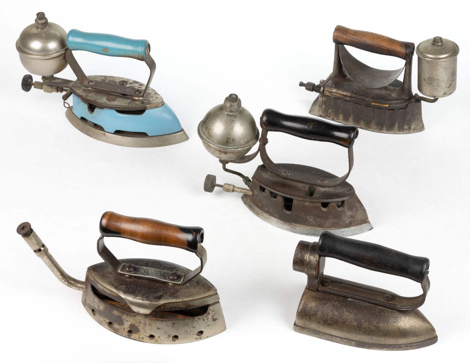 ASSORTED CAST-IRON GAS AND ELECTRIC SAD / FLAT IRONS, LOT OF FIVE (1 of 2)