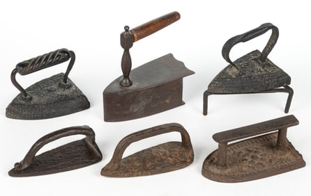 ASSORTED CAST AND WROUGHT-IRON SAD / FLAT IRONS AND TRIVETS, LOT OF SEVEN