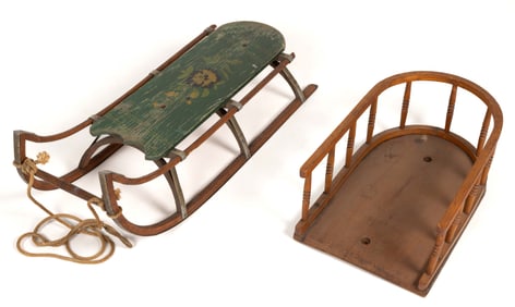 AMERICAN FOLK ART PAINT-DECORATED POPLAR AND OAK CHILD'S SLED