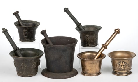 CAST-IRON AND BRONZE MORTARS AND PESTLES, LOT OF SIX