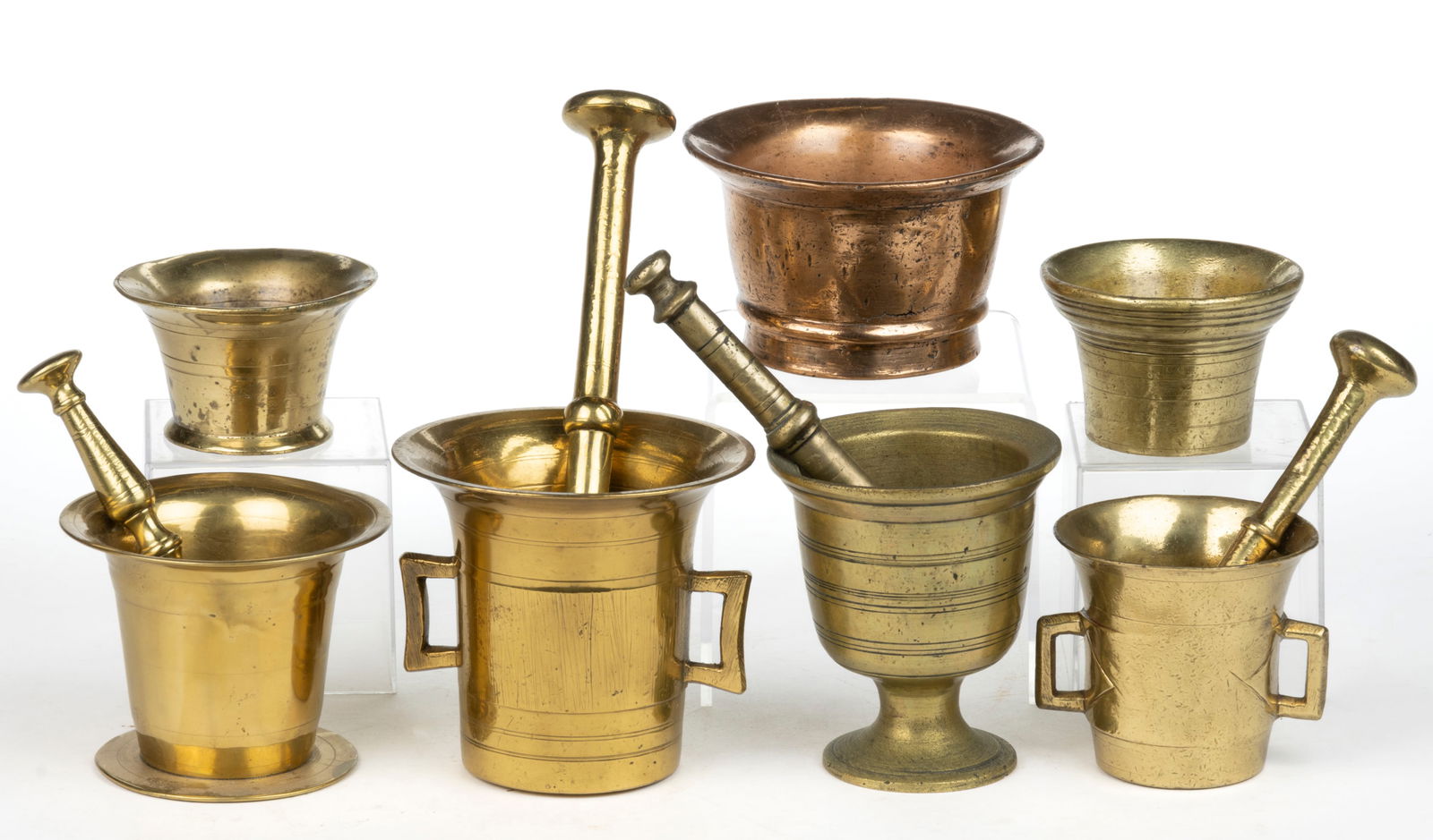 BRASS AND BRONZE MORTARS AND PESTLES, LOT OF SEVEN (1 of 1)