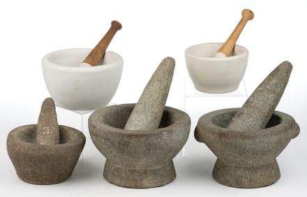 CARVED STONE AND CERAMIC MORTARS AND PESTLES, LOT OF FIVE