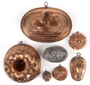 ASSORTED COPPER FOOD / JELLY MOLDS, LOT OF SEVEN
