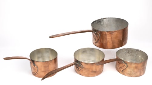 FRENCH OR AMERICAN COPPER SAUCEPANS, LOT OF FOUR