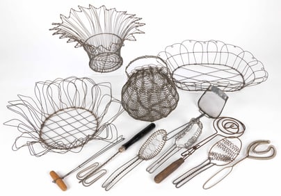 ASSORTED METAL WOVEN-WIRE BASKETS / UTENSILS, LOT OF TWELVE