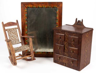 ASSORTED COUNTRY PAINT-DECORATED MINIATURE FURNITURE / DOMESTIC ACCESSORIES, LOT OF THREE
