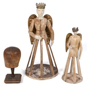 FOLK ART CARVED WOODEN SANTOS / MILLINER'S FIGURES / HAT MOLD, LOT OF THREE