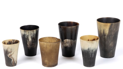 ASSORTED CARVED HORN CUPS, LOT OF SIX