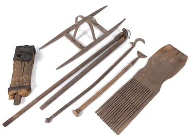ASSORTED AMERICAN TREEN AND IRON DOMESTIC ACCESSORIES