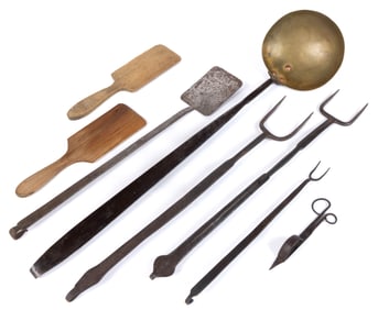 SHENANDOAH VALLEY OF VIRGINIA, ATTRIBUTED, WROUGHT-IRON AND TREEN DOMESTIC ACCESSORIES, LOT OF EIGHT