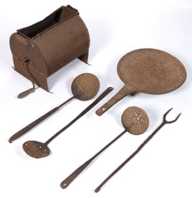 ASSORTED WROUGHT-IRON AND CAST-IRON HEARTH COOKING / DOMESTIC ARTICLES, LOT OF SIX
