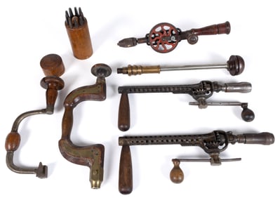 ASSORTED BRASS / IRON AND WOOD BRACES AND DRILLS, LOT OF SEVEN