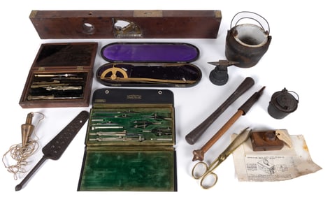 ASSORTED ANTIQUE WOOD, BRASS, AND IRON TOOLS, UNCOUNTED LOT