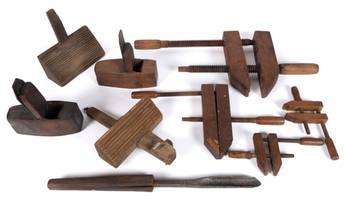 ASSORTED IRON AND WOODEN TOOLS, LOT OF NINE