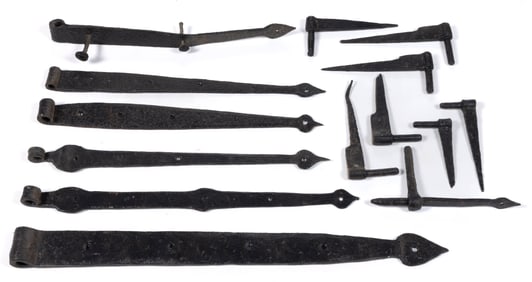 ASSORTED WROUGHT-IRON STRAP HINGES AND PINTLES LOT OF 14