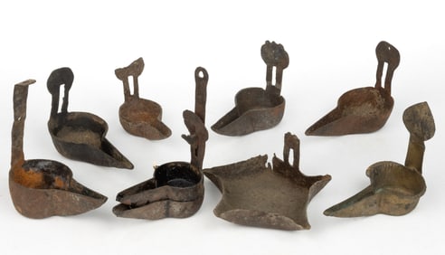 ASSORTED WROUGHT-IRON GREASE CRUISIES AND PENDANT LAMPS, LOT OF EIGHT
