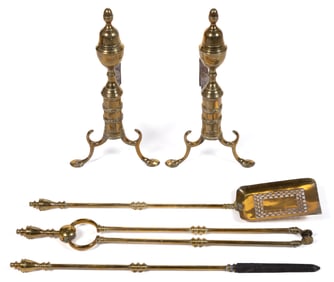 AMERICAN OR ENGLISH IRON AND BRASS PAIR OF ANDIRONS AND FIREPLACE TOOLS, LOT OF FIVE