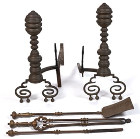 AMERICAN FEDERAL-STYLE BRASS ANDIRONS AND FIREPLACE TOOLS, LOT OF FIVE