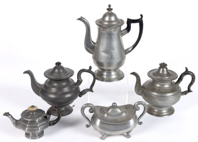 AMERICAN AND ENGLISH PEWTER TEAPOTS AND TEA ARTICLES, LOT OF FIVE