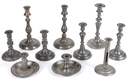 ASSORTED AMERICAN AND OTHER PEWTER CANDLESTICKS, LOT OF TEN