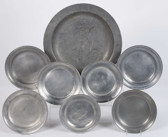ASSORTED PEWTER PLATES AND DISHES, LOT OF EIGHT