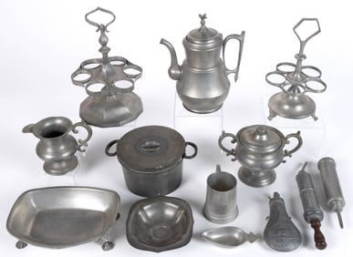 ASSORTED PEWTER DOMESTIC ARTICLES, LOT OF 13