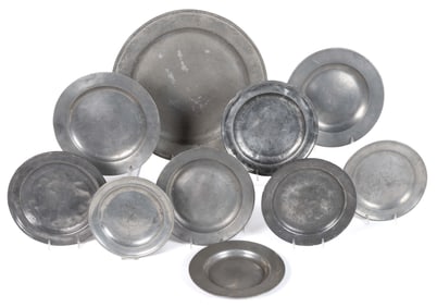 ASSORTED ENGLISH AND OTHER PEWTER PLATES, LOT OF TEN