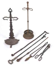 ASSORTED IRON AND BRASS FIREPLACE / HEARTH ARTICLES, LOT OF SEVEN