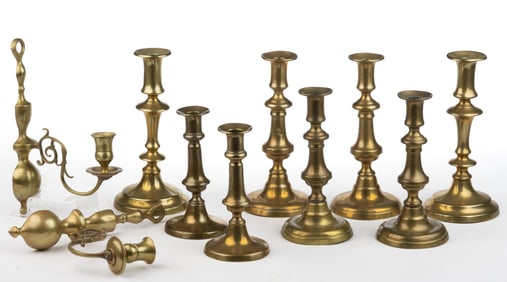 ASSORTED BRASS CANDLESTICKS AND SCONCES, LOT OF TEN