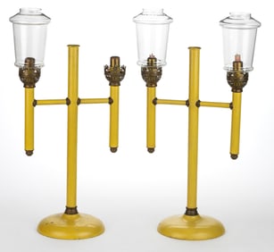 ENAMEL DECORATED BRASS AND METAL DOUBLE-ARM CANDLESTICKS, PAIR