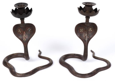 ENAMEL-DECORATED BRONZE ART-DECO FIGURAL COBRA CANDLESTICKS, PAIR