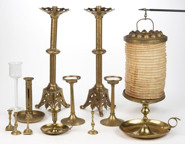 ASSORTED BRASS LANTERN AND CANDLESTICKS, LOT OF 12