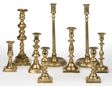 ASSORTED BRASS CANDLESTICKS, LOT OF NINE