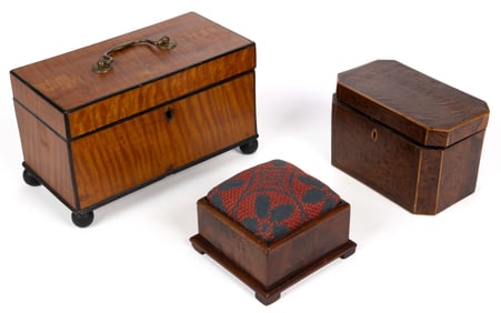 AMERICAN / ENGLISH TEA CADDIES / PINCUSHION, LOT OF THREE
