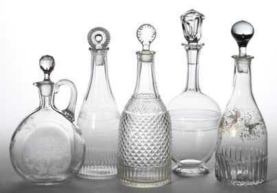 ANTIQUE AMERICAN AND EUROPEAN GLASS DECANTERS, LOT OF FIVE