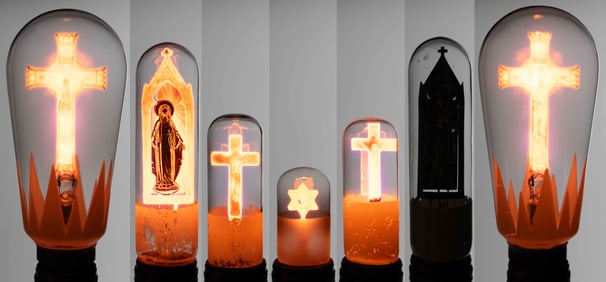 VINTAGE AEROLUX-STYLE RELIGIOUS FIGURAL FILAMENT GAS DISCHARGE / NEON GLOW LIGHT BULBS, LOT OF SEVEN