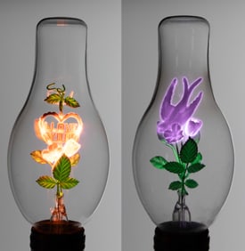 VINTAGE AEROLUX FLORAL FIGURAL FILAMENT GAS DISCHARGE / NEON GLOW LIGHT BULBS AND LAMP, LOT OF TWO