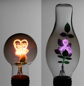 VINTAGE AEROLUX-STYLE FLORAL FIGURAL FILAMENT GAS DISCHARGE / NEON GLOW LIGHT BULBS AND LAMPS, LOT