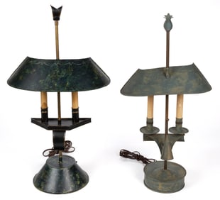 HAROLD MARSHALL GOODMAN, SR. REPRODUCTION COLONIAL TIN TABLE LAMPS, LOT OF TWO