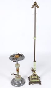 ART DECO AKRO AGATE / SLAG GLASS INSET FLOOR LAMP AND SMOKING STAND, LOT OF TWO